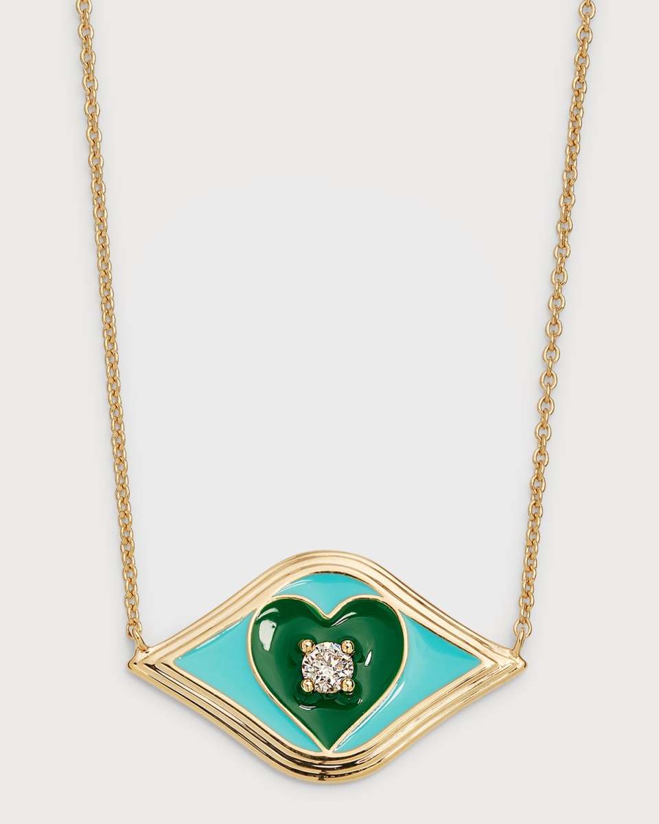 14K Fluted Enamel Evil Eye Heart Pendant Necklace